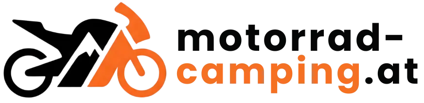 Logo von Motorrad-Camping mit stilisiertem Motorrad-Symbol und Schriftzug, der die Worte 'motorrad-camping' in Schwarz und Orange darstellt.