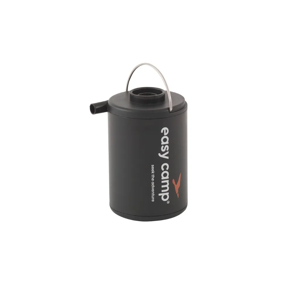 Schwarze Mini-Akku-Pumpe 'Easy Camp' mit Griff, ideal für Motorrad-Camping.